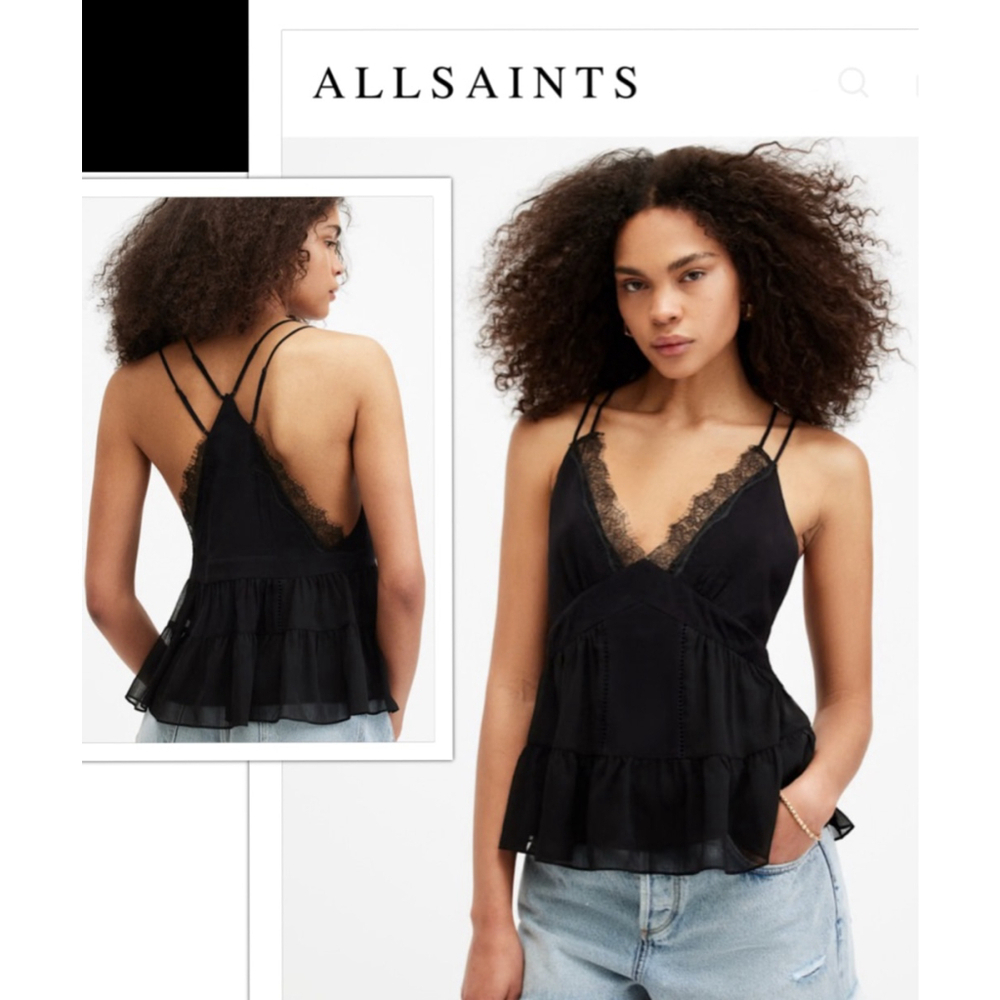 New ALL SAINTS Rowen size 4 Black Lace Trim Viscose Adjustable Strap Cami Top